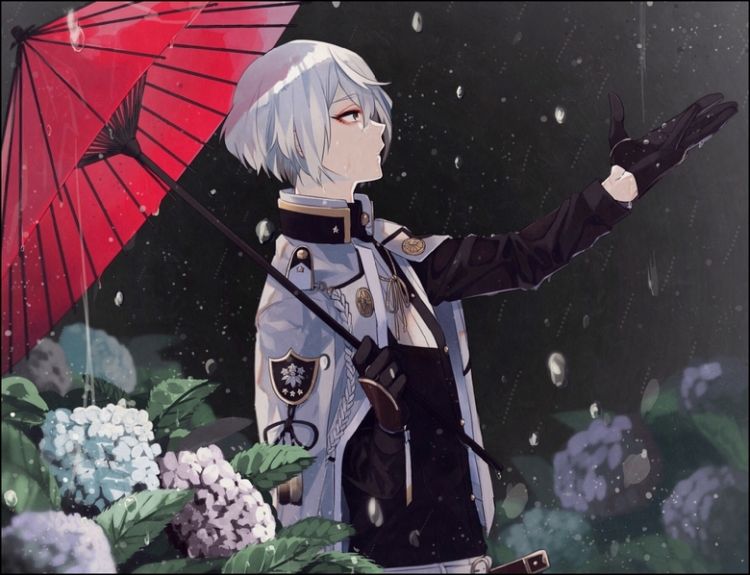 雨中撑伞的帅气动漫男生高清壁纸